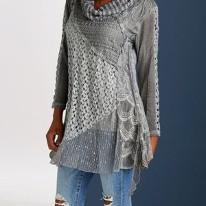 Simply Couture Gray Crochet Cowl Neck Boho Tunic